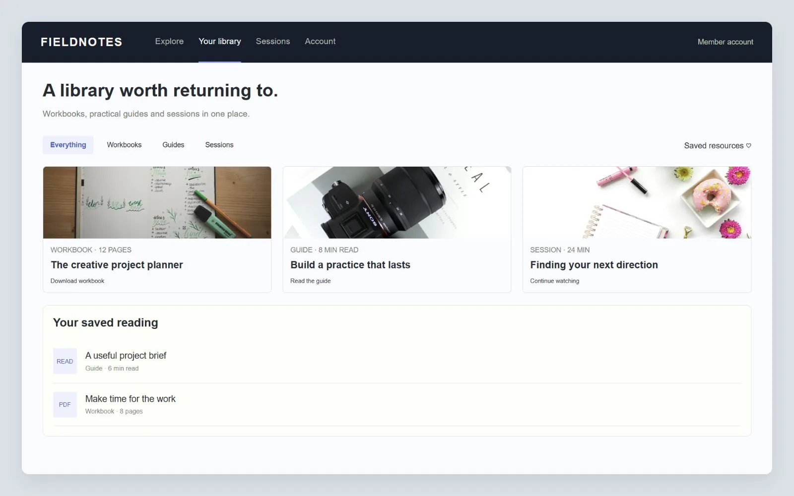 Member resource library with guides and saved workbooks, interface design concept with sample data