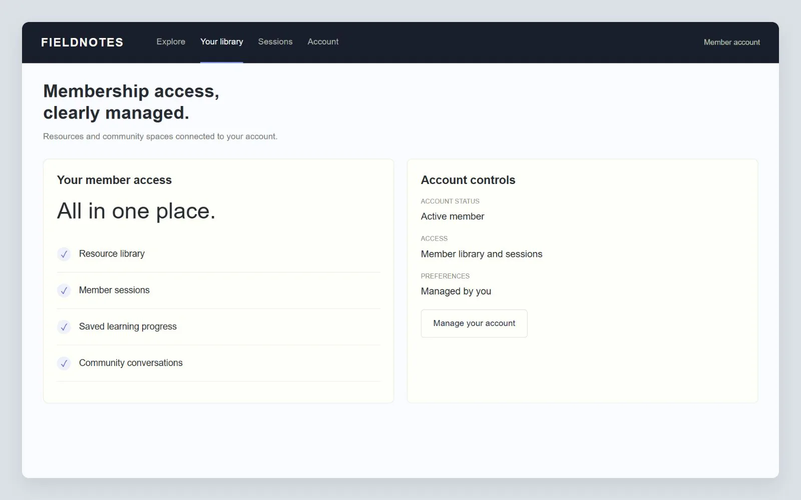 Membership access overview and account management, interface design concept with sample data