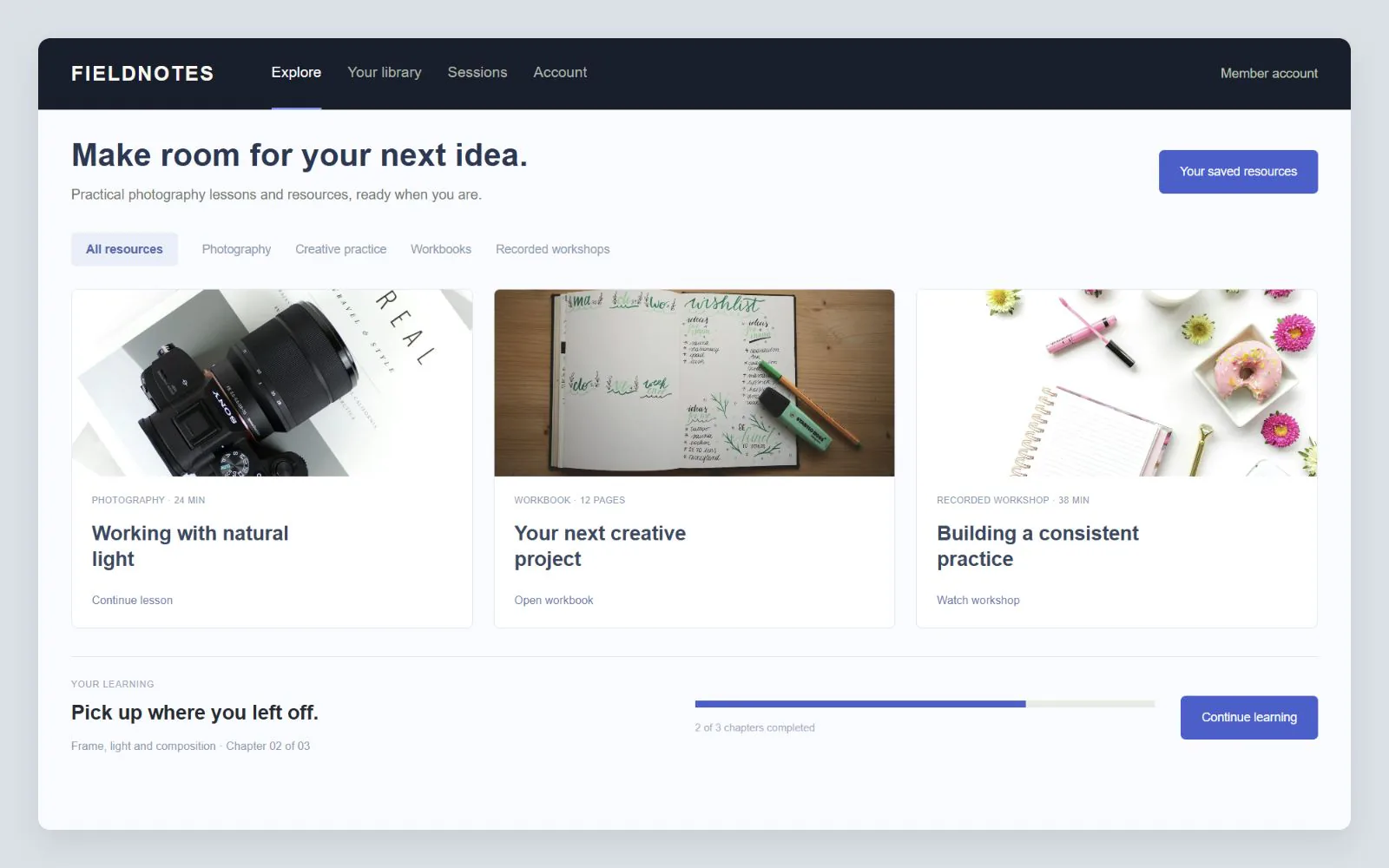 Member resource library with photography lessons, workbooks and saved progress, interface design concept with sample data