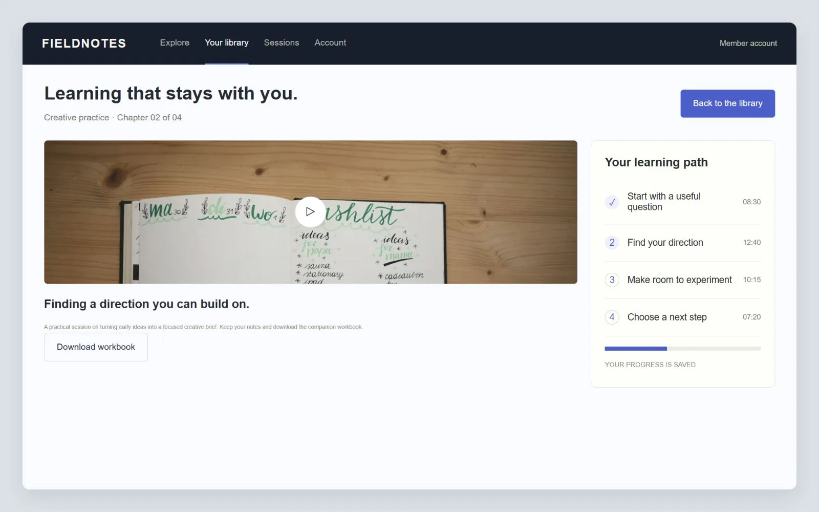 Member lesson screen with saved learning progress, interface design concept with sample data