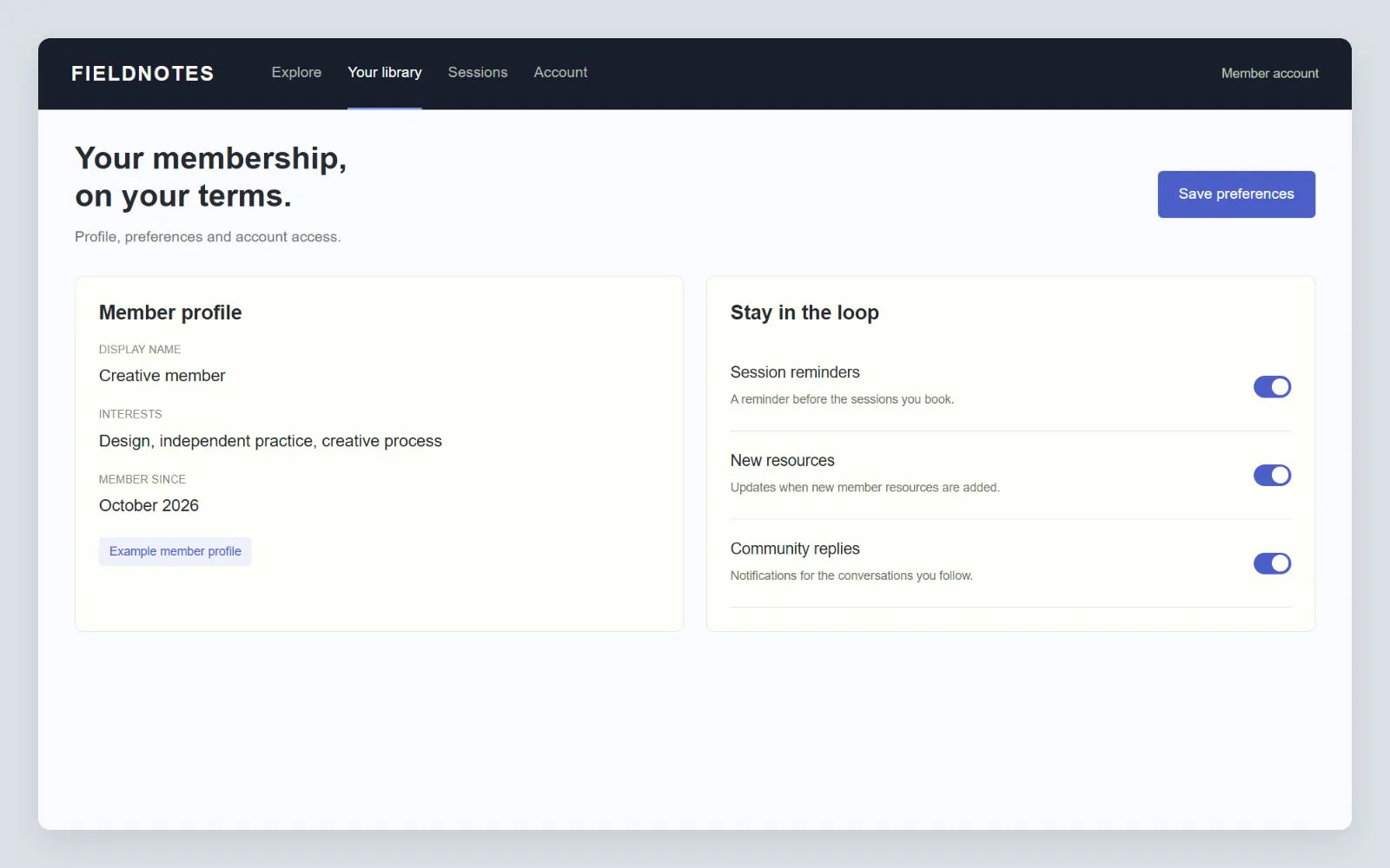 Member account details and notification preferences, interface design concept with sample data