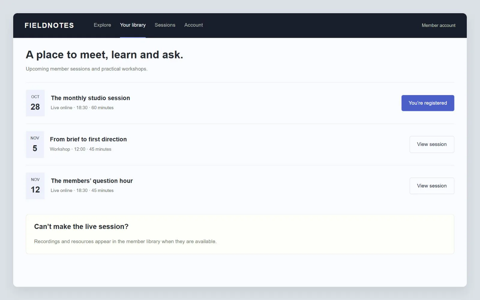 Member events and live-session registration list, interface design concept with sample data
