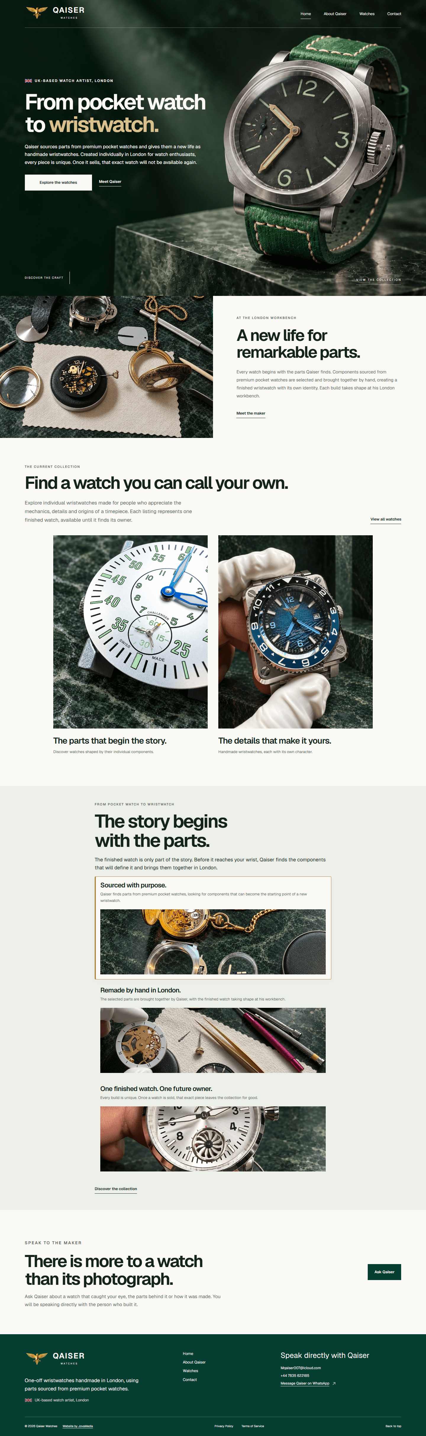 Qaiser Watches website showing its watch collection, product photography and browsing layout