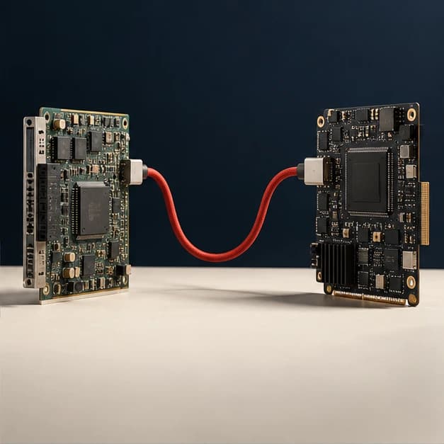 Two generations of computer circuit boards connected by a red cable, illustrating system modernization