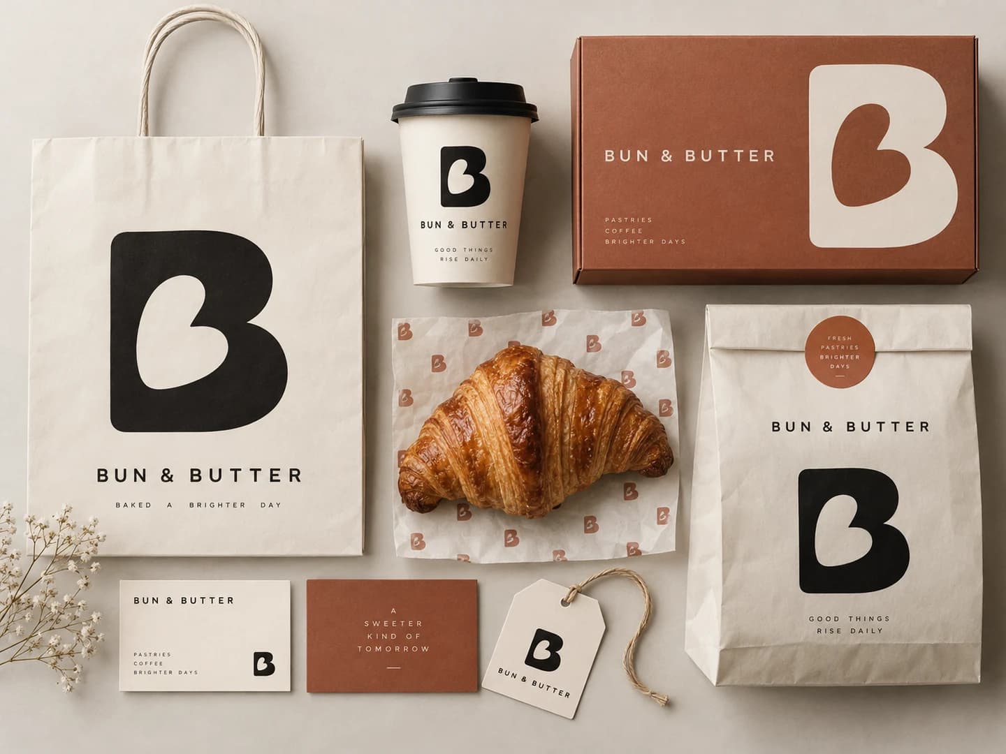 Bun & Butter bakery brand with a B monogram, packaging and coffee cups