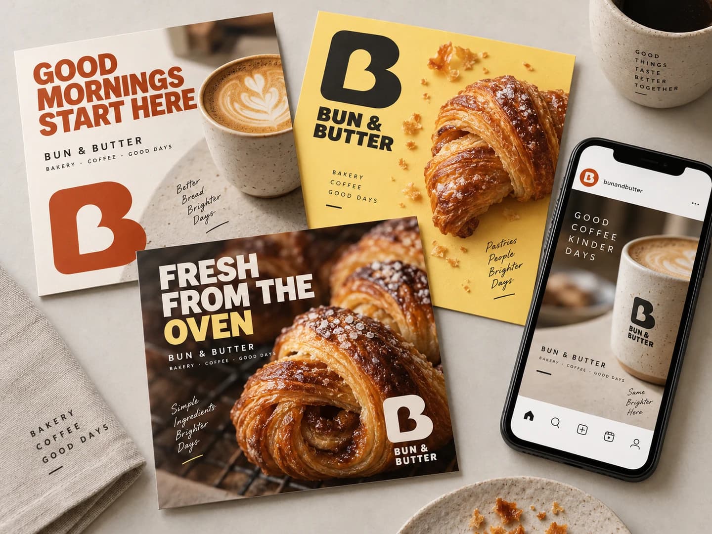 Bun & Butter social campaign with bakery posts and a smartphone