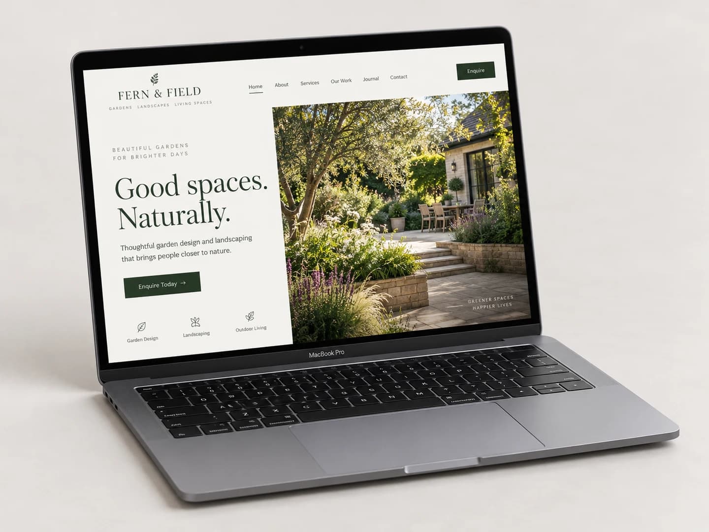 Fern & Field garden website design displayed on a graphite MacBook