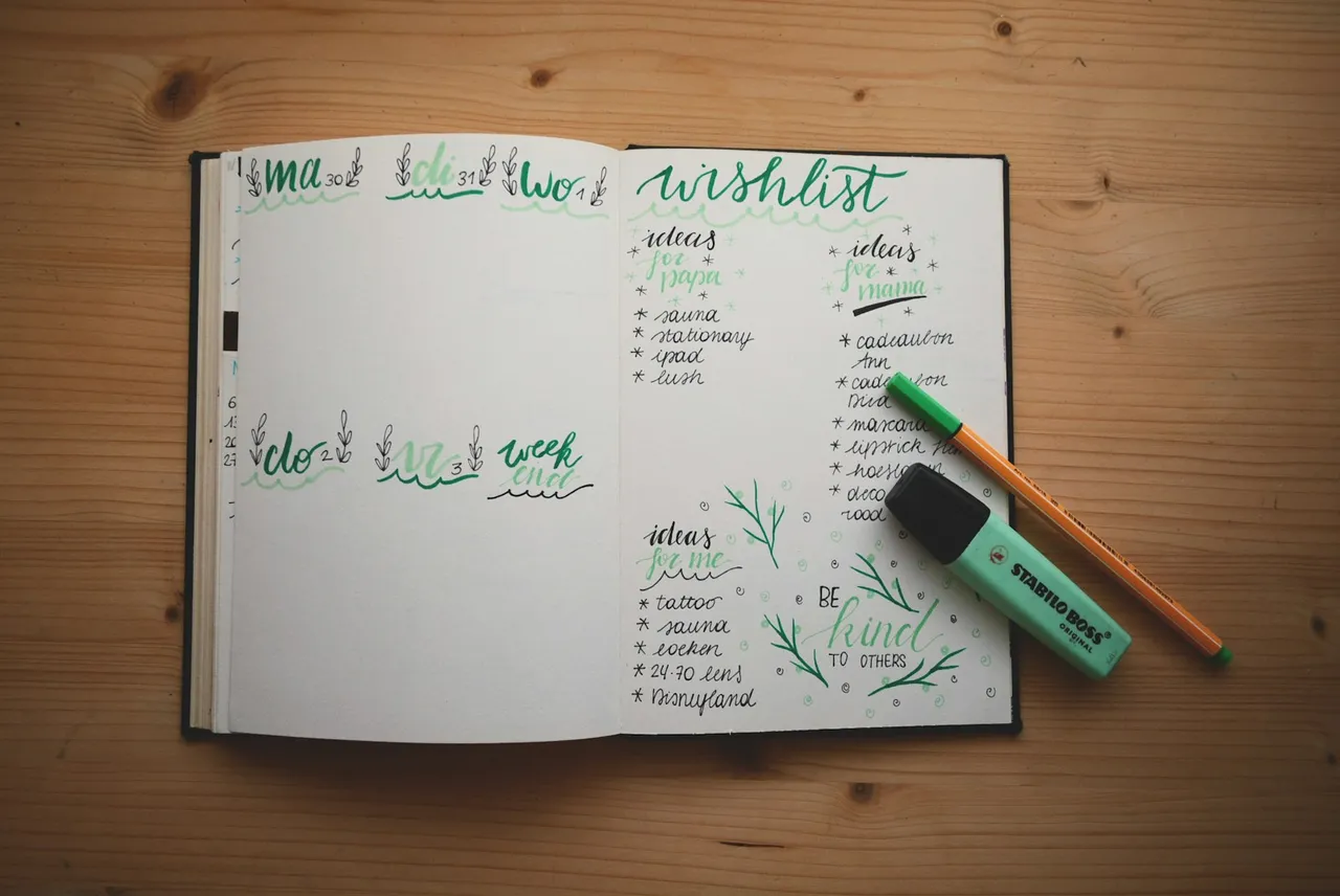 Open notebook on brown wooden surface