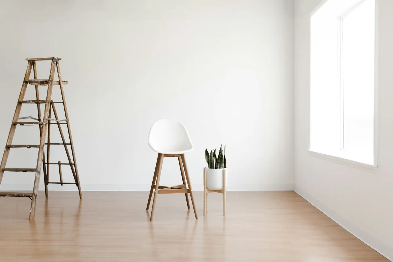 A wooden ladder, a white bar stool, and a snake plant in a room