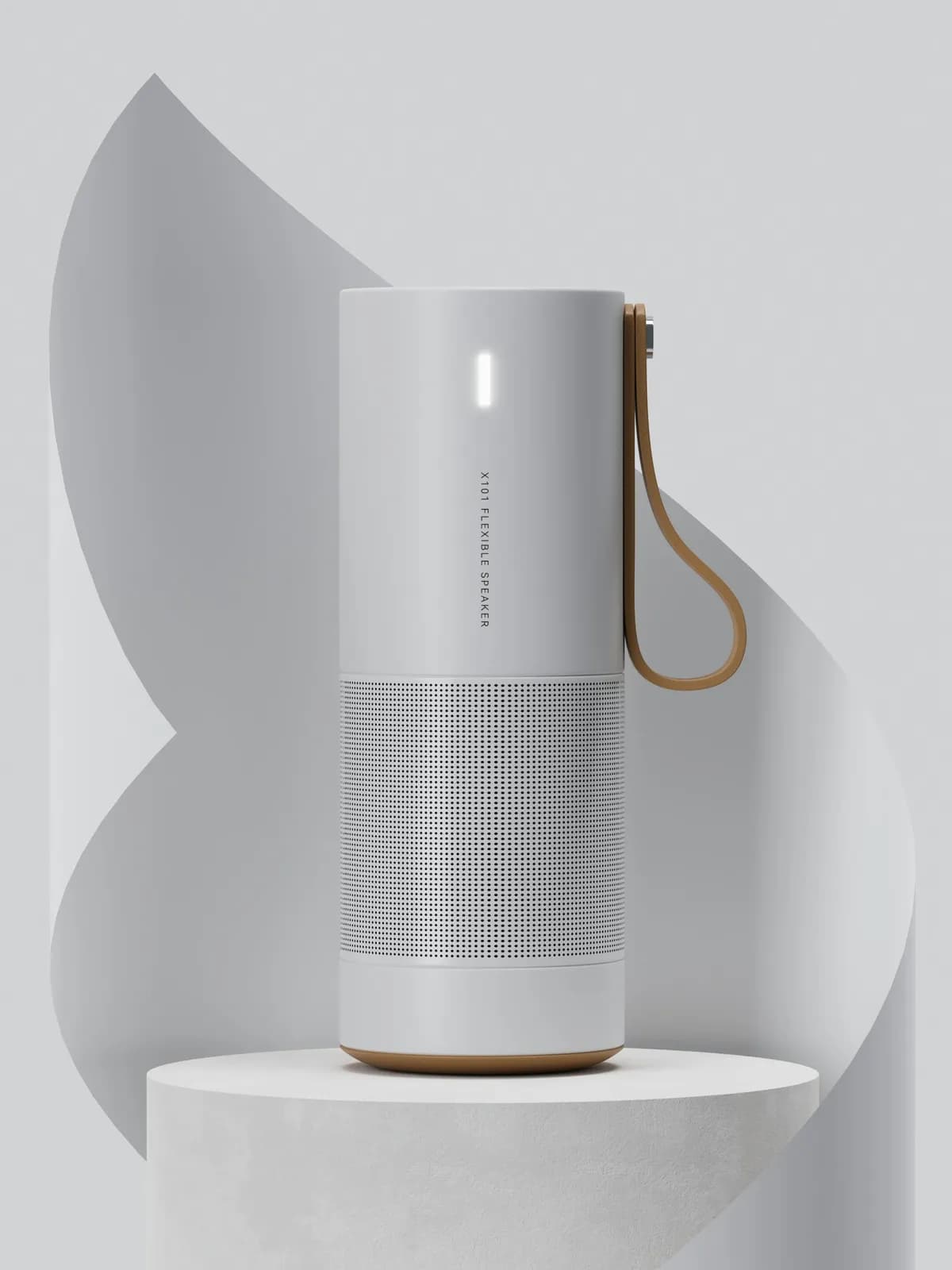 A white speaker sitting on top of a table