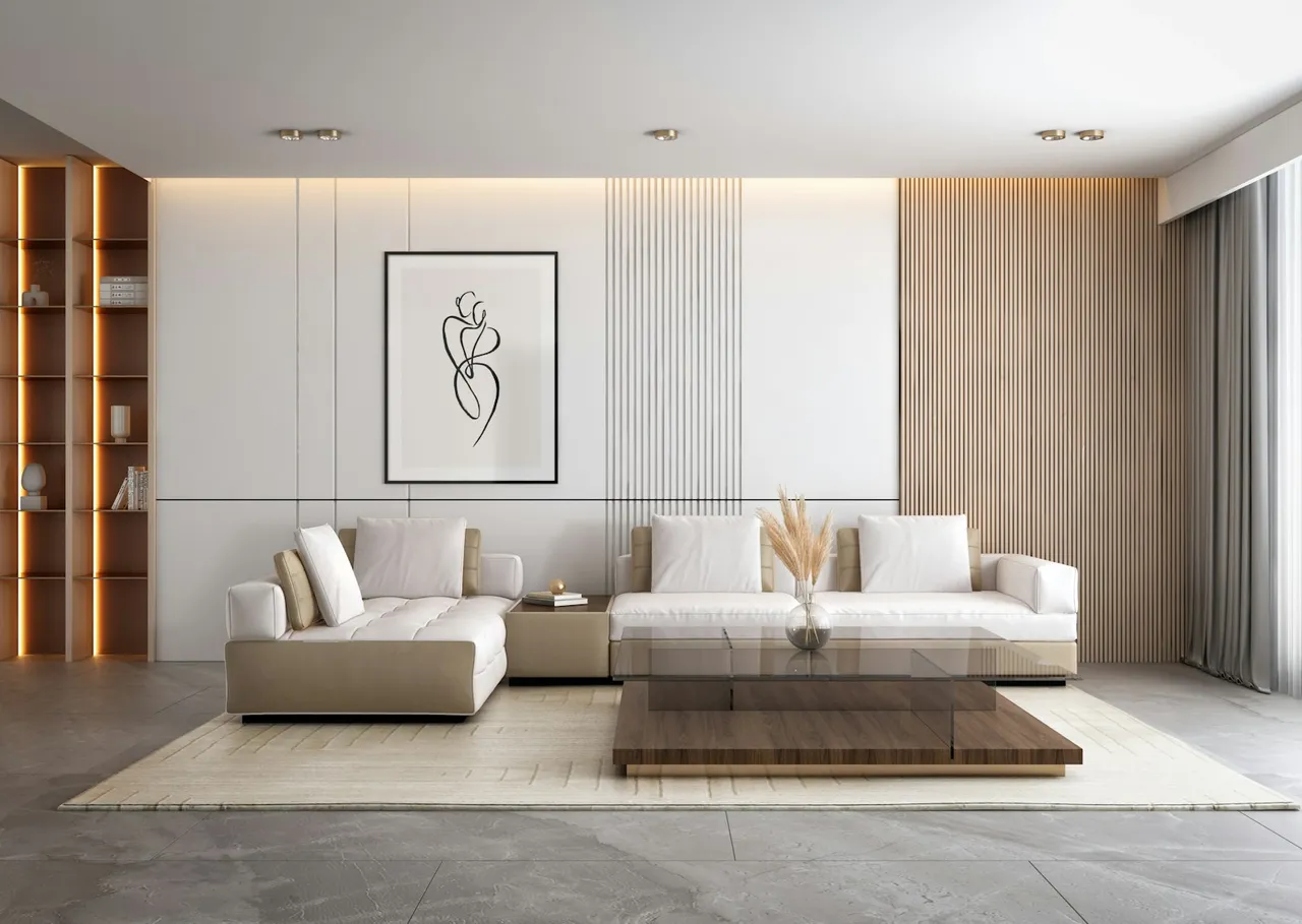 A room with a couch and a table