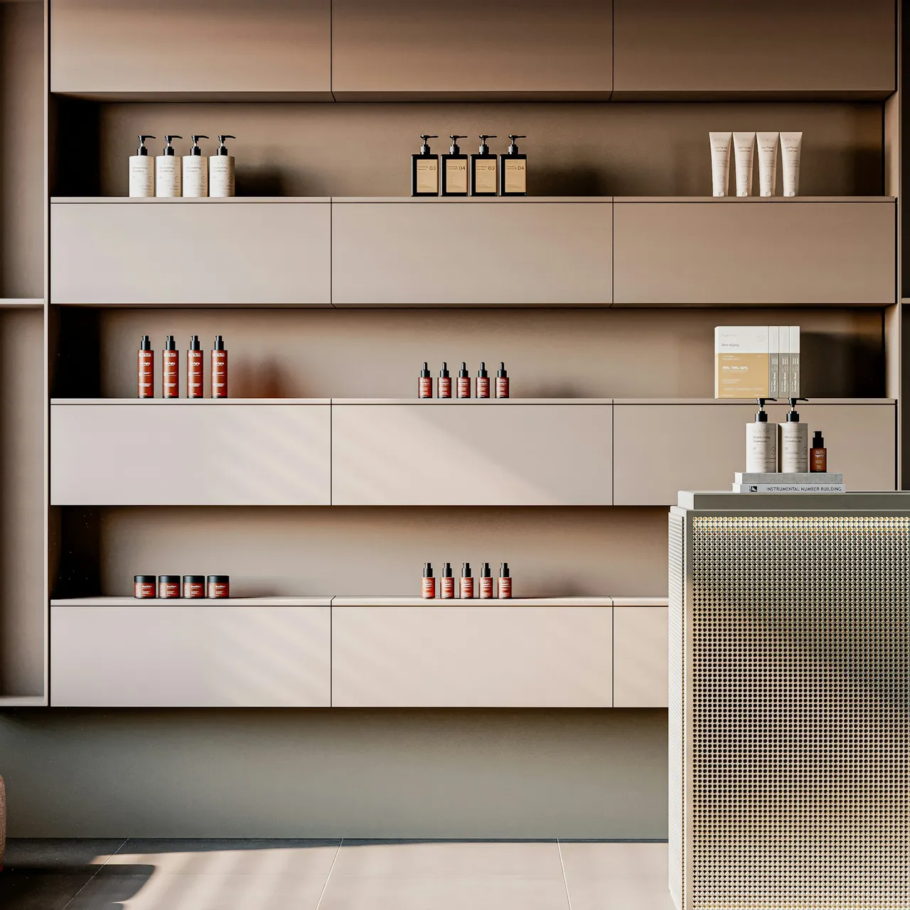 Shelves with skincare products and bottles in a salon
