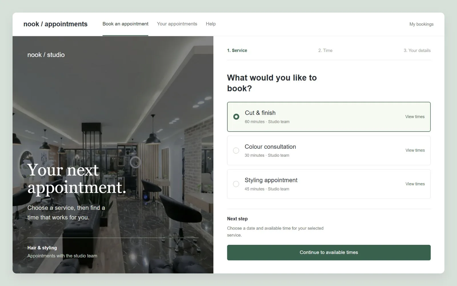 Customer booking page with a salon photograph and service selection, interface design concept with sample data