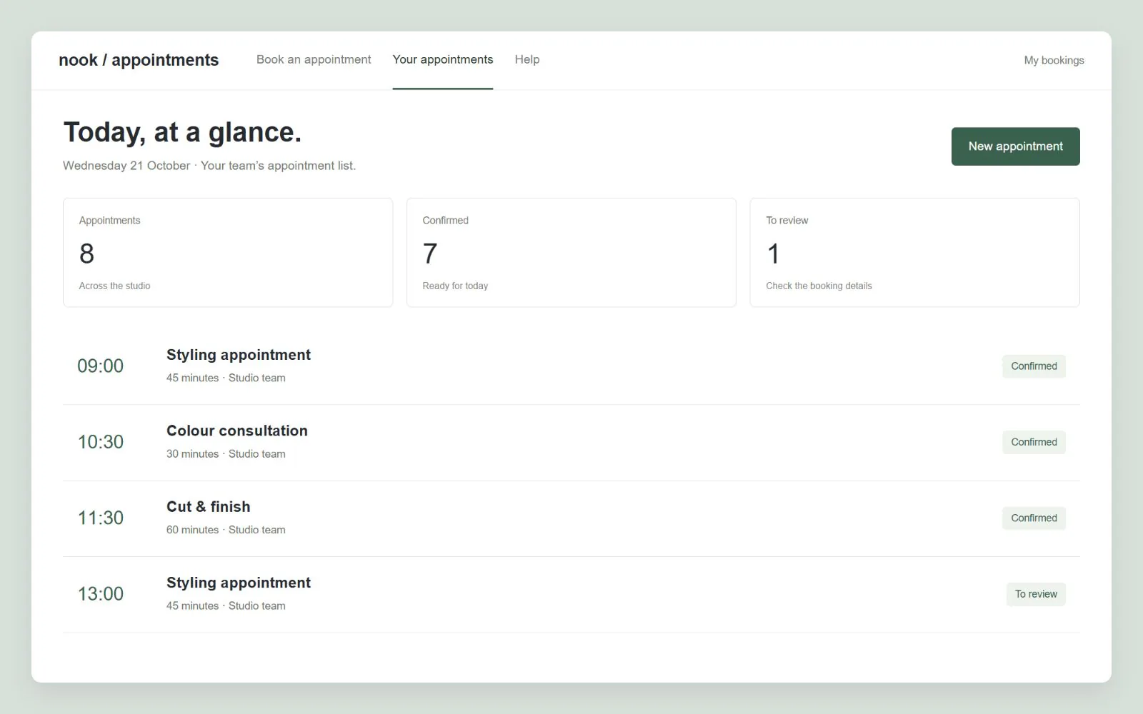 Daily appointments with confirmation statuses, interface design concept with sample data