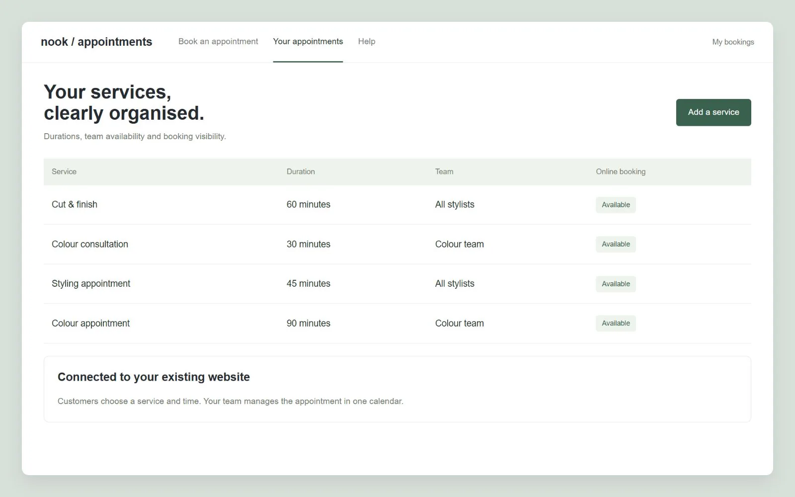 Service durations and online-booking visibility, interface design concept with sample data