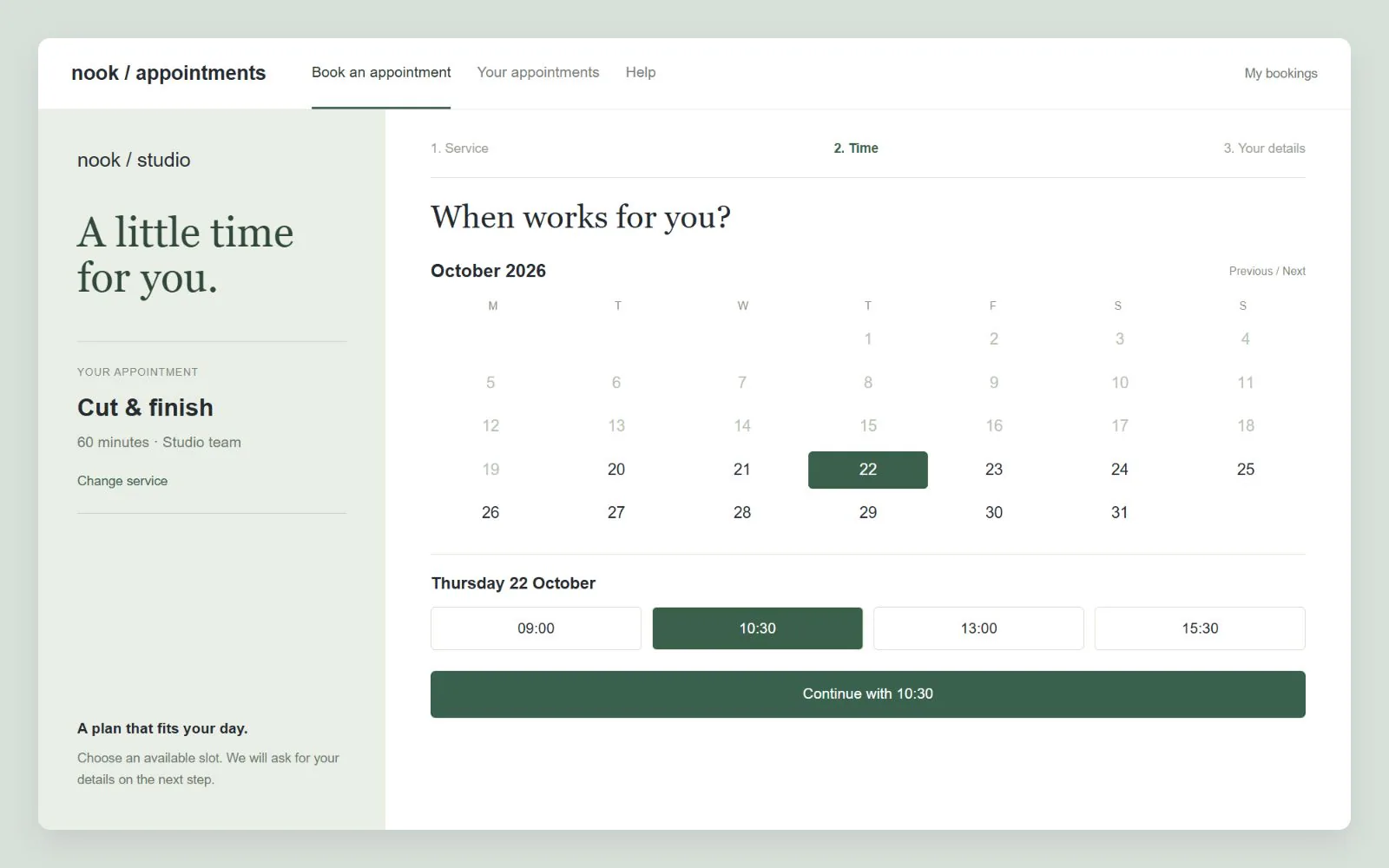 Customer appointment date and time selection with a service summary, interface design concept with sample data