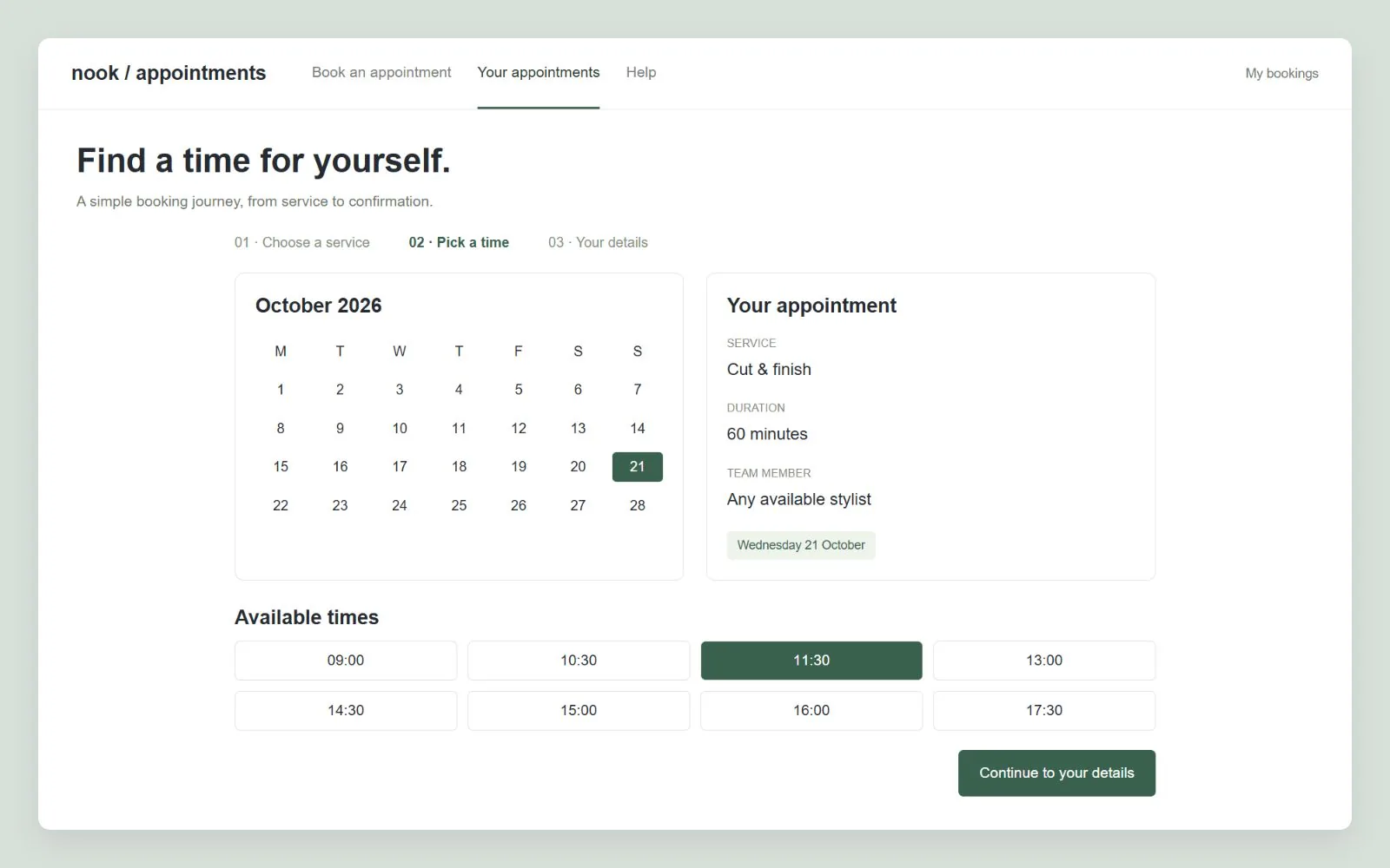 Customer service and appointment-time selection, interface design concept with sample data