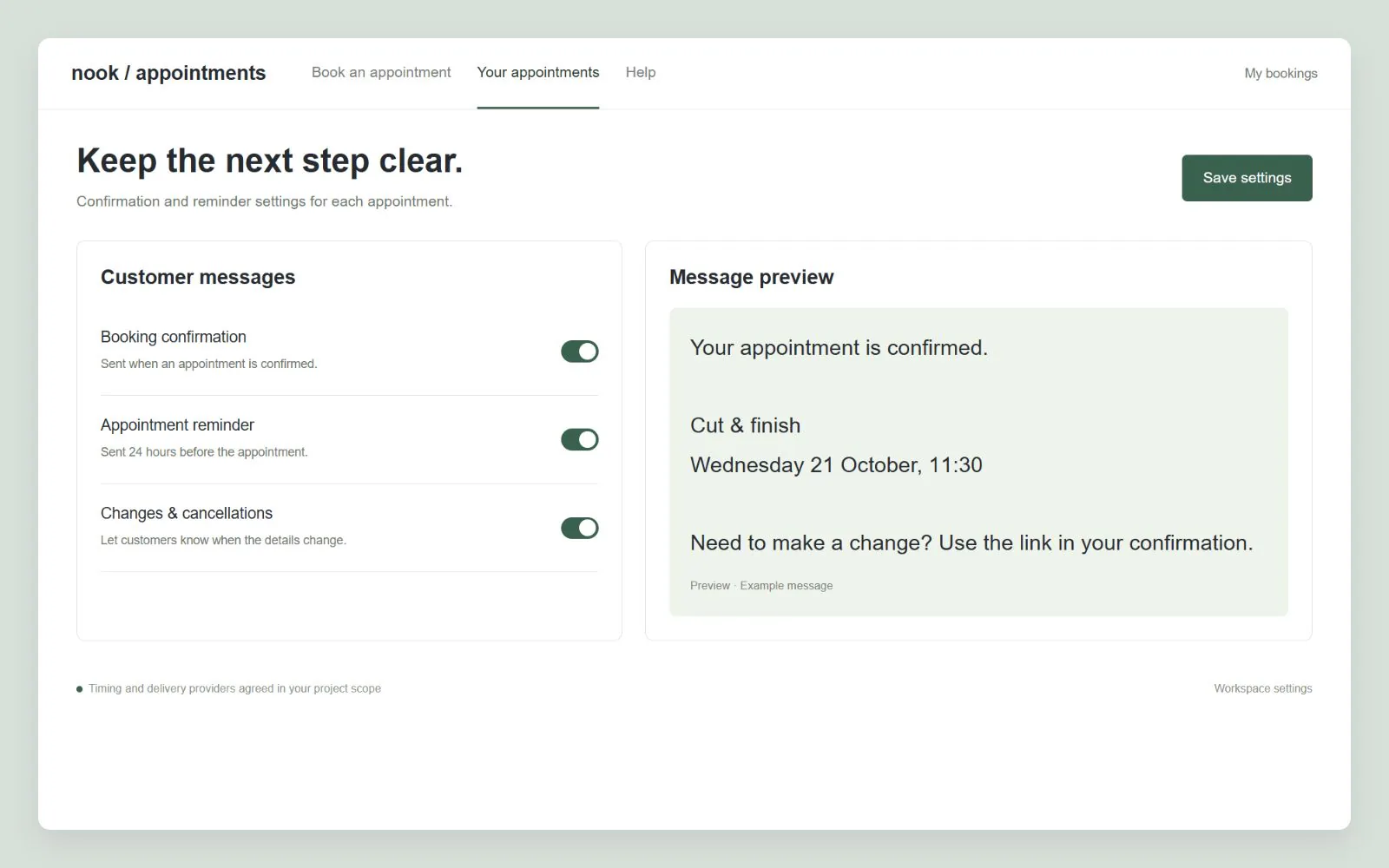 Appointment confirmation and reminder preferences, interface design concept with sample data