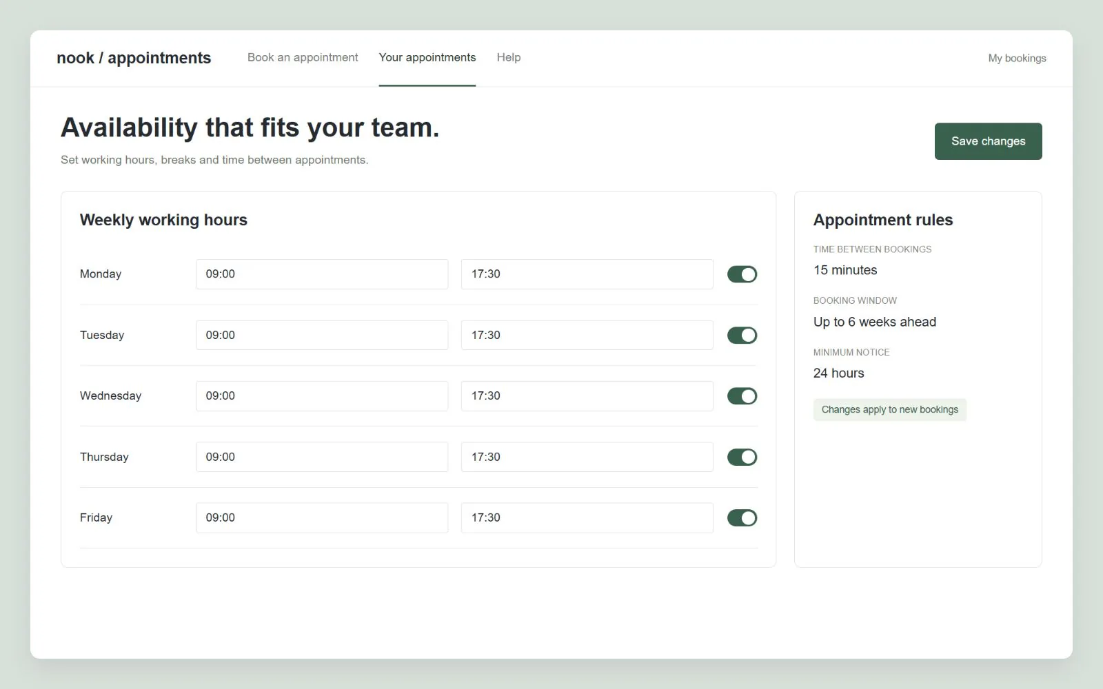 Team working hours and booking availability, interface design concept with sample data