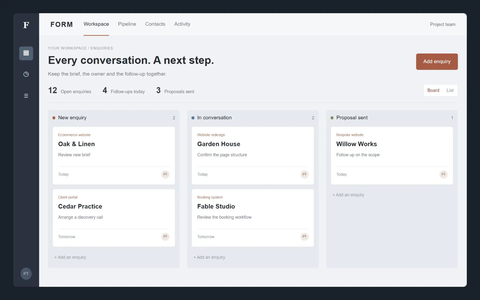 Desktop CRM sales board with a dark navigation rail and enquiry stages, interface design concept with sample data