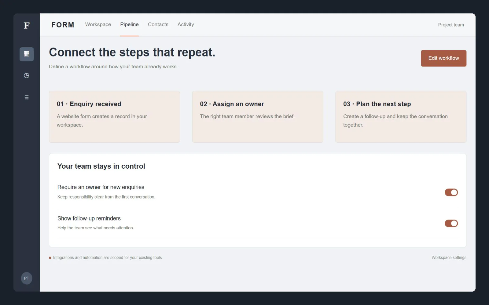 Website enquiry workflow with record creation and team assignment, interface design concept with sample data