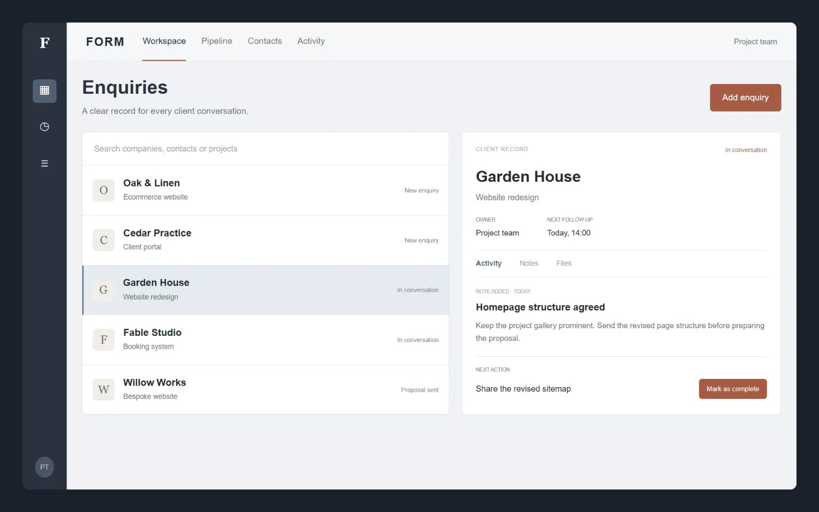 Searchable enquiry list with a client record, conversation notes and next action, interface design concept with sample data