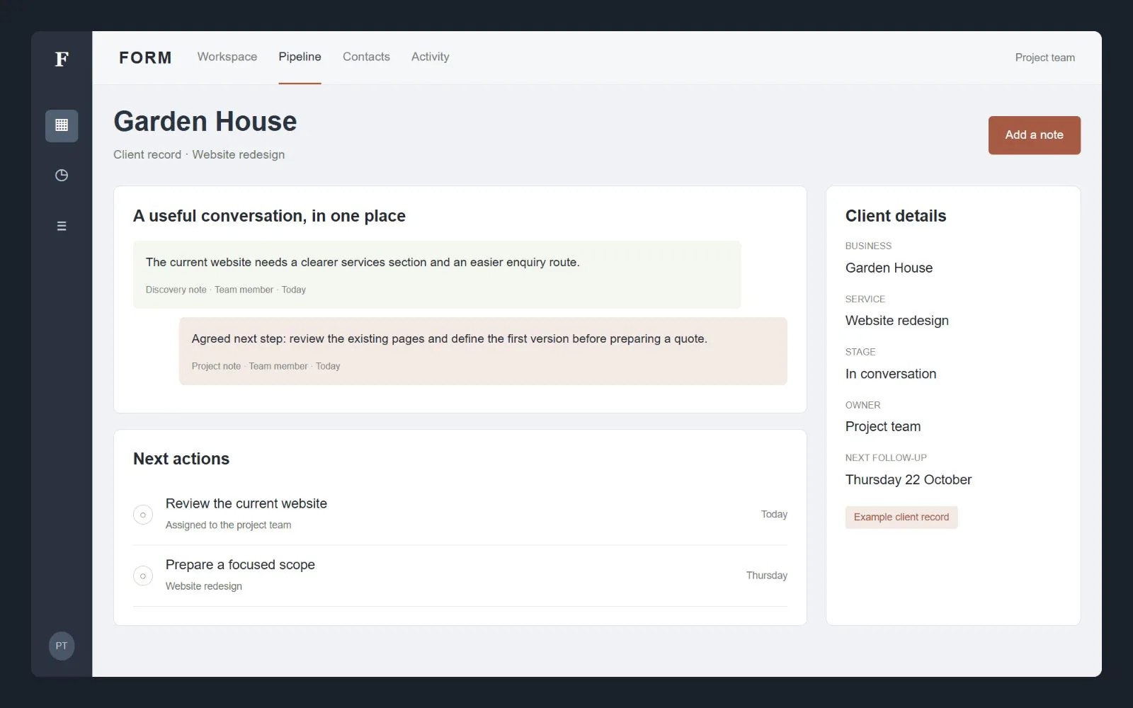 Client record with project notes and follow-up tasks, interface design concept with sample data