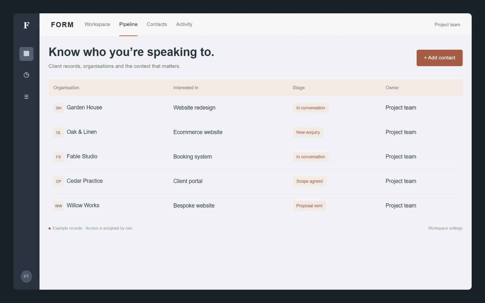 Client contact directory with ownership and enquiry stages, interface design concept with sample data