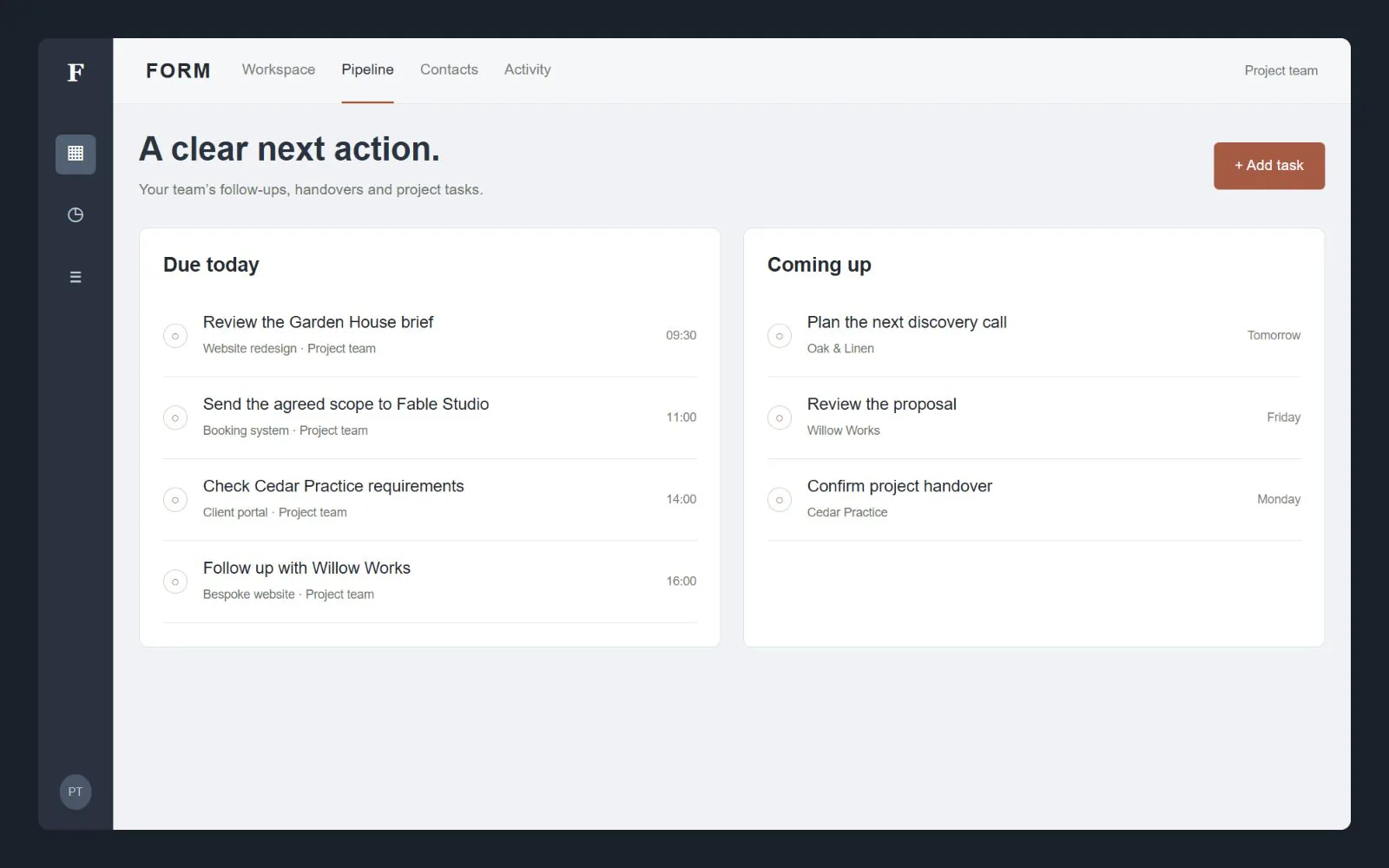 Team task list with enquiry follow-ups and due dates, interface design concept with sample data