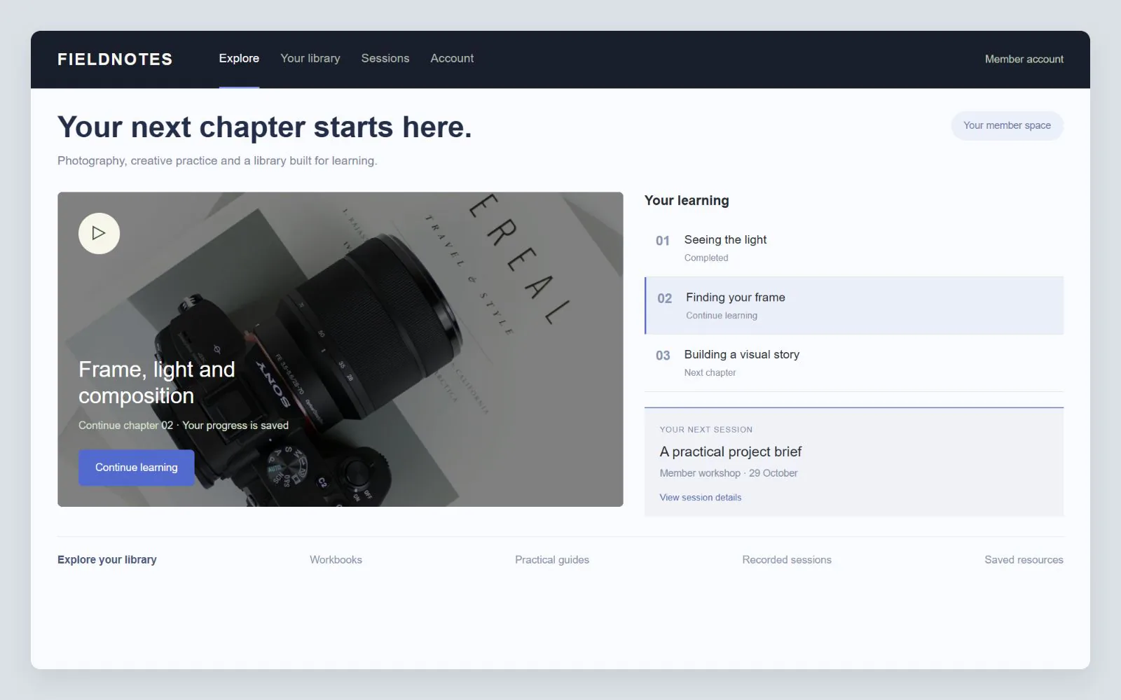 Photography course library with a lesson preview and saved chapter progress, interface design concept with sample data