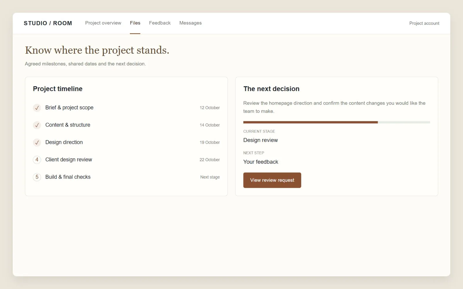 Project timeline showing milestones and the next client decision, interface design concept with sample data