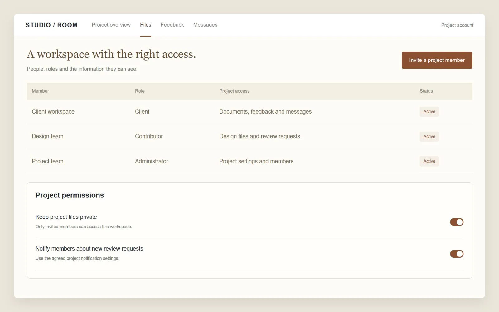 Client portal members, roles and project access controls, interface design concept with sample data