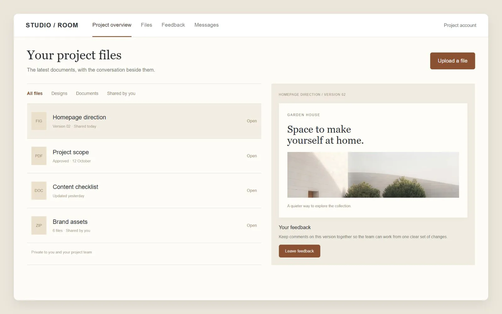 Client document library with a selected design preview and feedback control, interface design concept with sample data