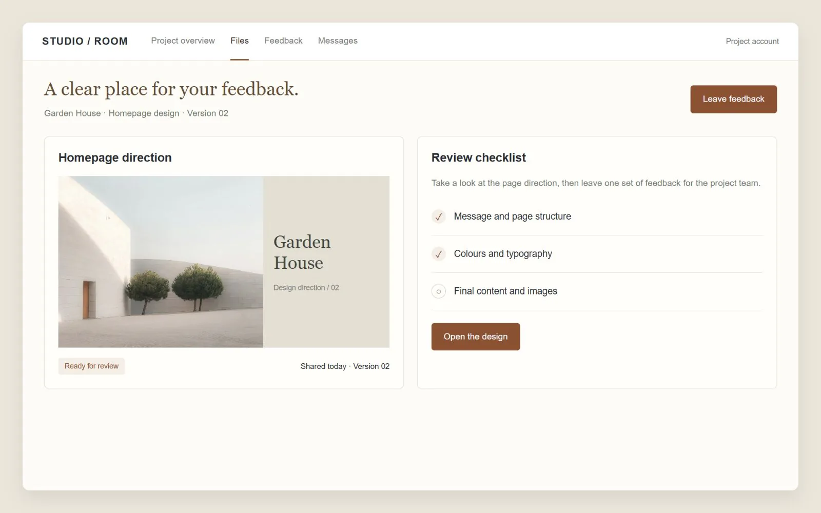 Client design approval screen and feedback checklist, interface design concept with sample data