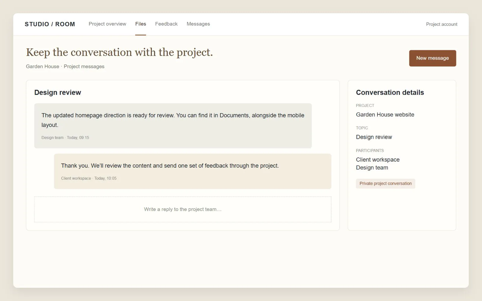 Private project conversation between a client and design team, interface design concept with sample data
