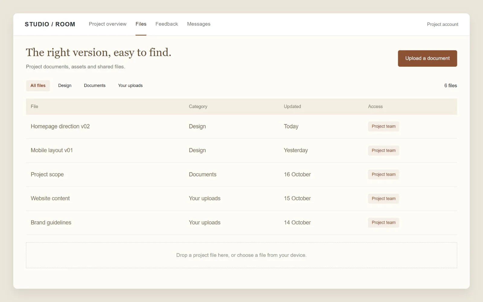 Project document library with file categories and access status, interface design concept with sample data