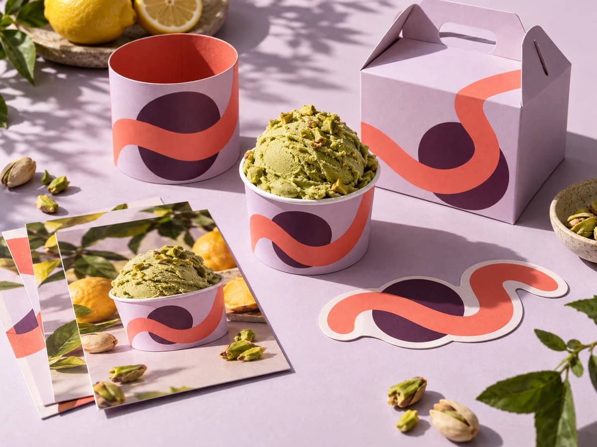 Pistachio gelato with a coordinated lilac and coral visual identity across packaging and photography