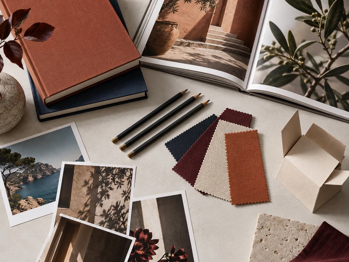 Creative planning with reference books, photographs, pencils and material swatches