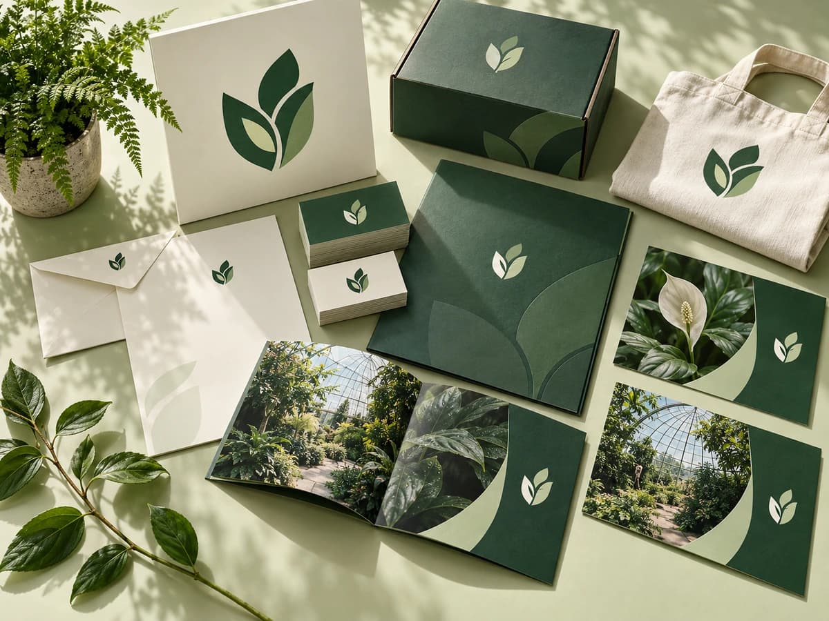 A complete botanical brand identity across logo, business cards, stationery, packaging and campaign materials