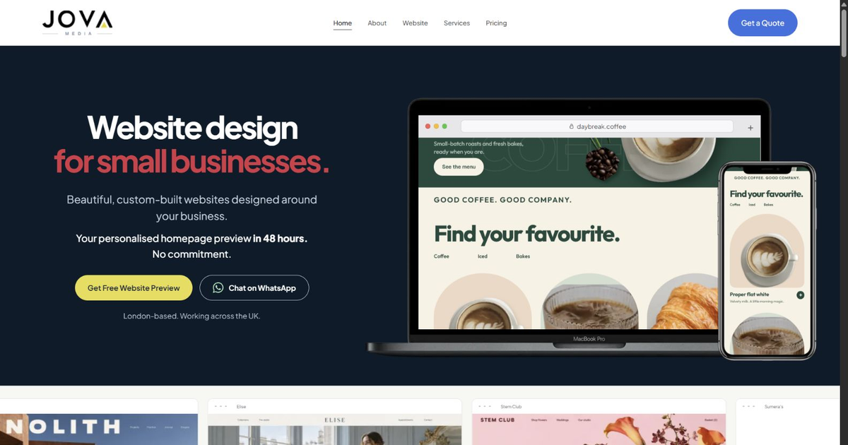 Built JovaMedia, a website studio with scrollable portfolio previews. Looking for feedback on the mo